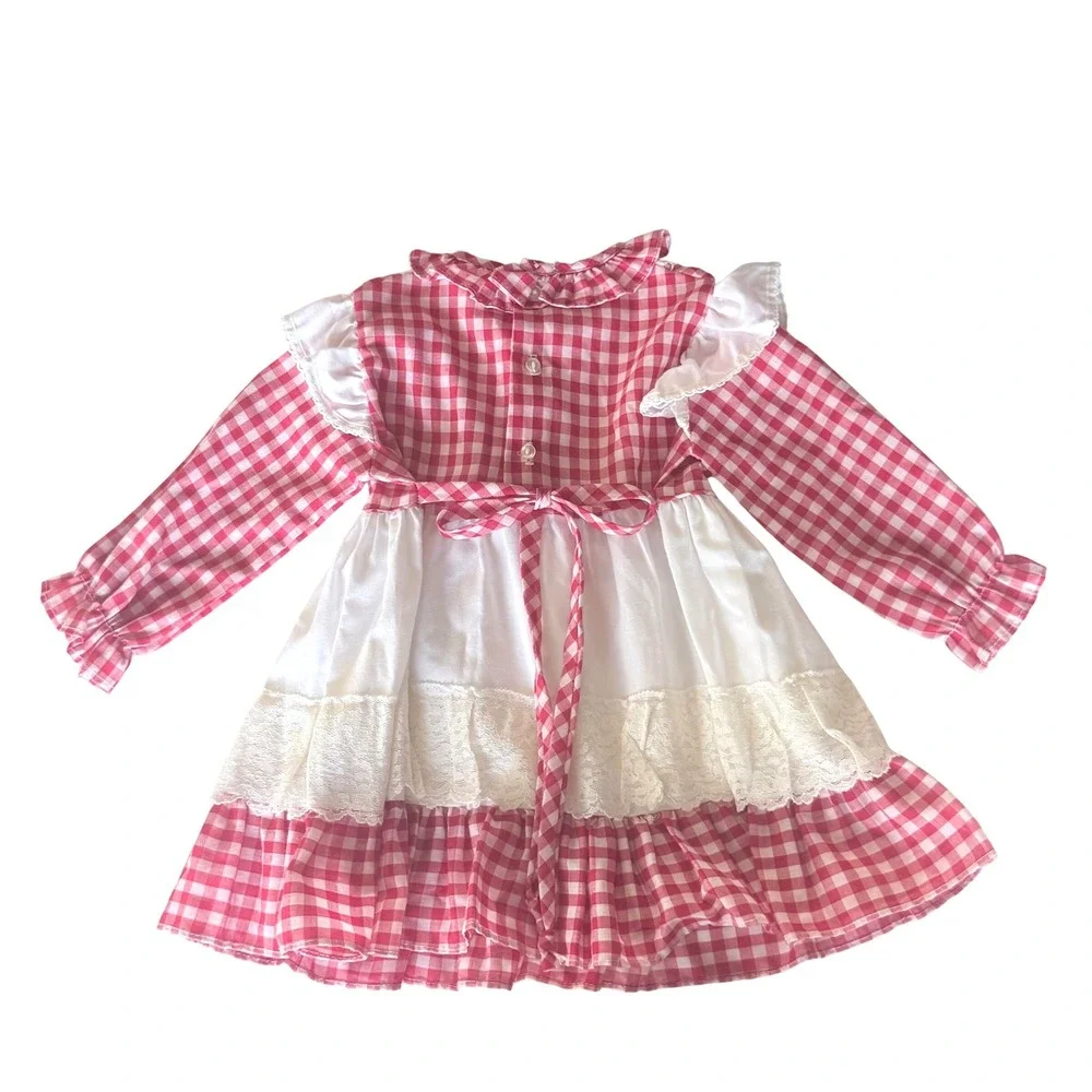Vintage Kids Red‎ Gingham Lace Pinafore Dress Long Sleeve Rose 4T Made in USA